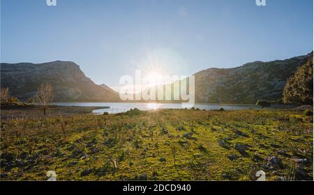 Landscape at sunset in Cuber Majorca. Sunset on a mountain lake. 'Serra de tramuntana' Stock Photo