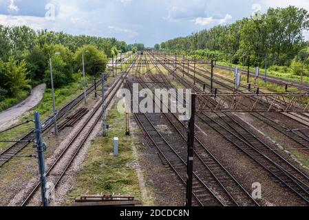 Railroad tracks in Wlochy district in Warsaw city, Poland Stock Photo