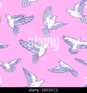 Seamless pattern with painted doves on a pink background. Vector illustration Stock Vector