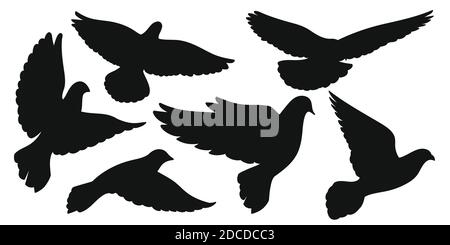 Set of black silhouettes of doves in flight. Vector illustration Stock Vector