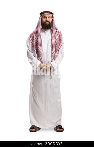 Young Arab Man With Beard Wearing Casual White T Shirt Showing Palm 