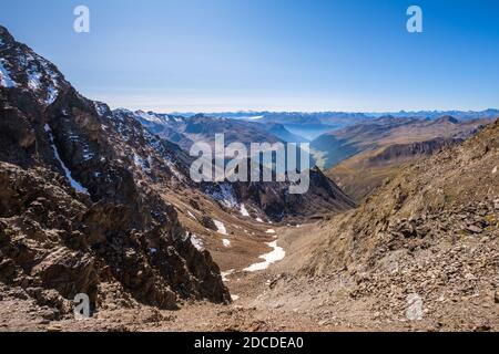 Cable Cars from the Karlesjochbahn in the Kaunertal bring tourists to a observation deck on 3,113m with a great view of mountains in three countries Stock Photo