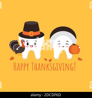 Thanksgiving tooth boy and girl in pilgrim hat with pumpkin and turkey in hand. Stock Vector