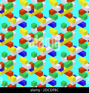 Isometric seamless pattern from colored plastic blocks. Vector illustration Stock Vector