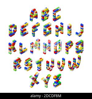 Isometric font made from colored plastic blocks. Complete alphabet. The childrens designer. Vector illustration Stock Vector