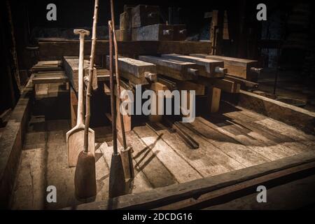 Traditional mill for cider, at the 'Caserío', typical wooden house of the Basque Country Stock Photo