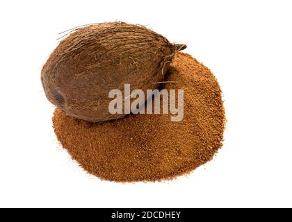 organic coconut sugar  with whole coconut isolated on a white background Stock Photo