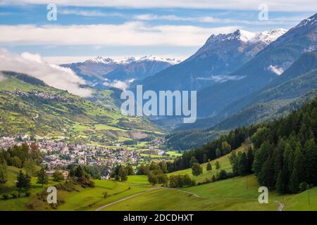 Mountains surrounding Scuol, a village in the canton of Graubünden, Switzerland. It is situated within the Lower Engadin valley along the Inn River Stock Photo