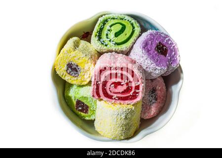 Turkish Delight in a porcelain vase on a white background , top view. Stock Photo