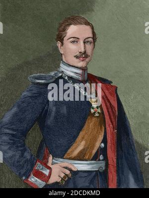William II of Germany (1859-1941). Last Emperor or Kaiser of the German Empire and the last King of Prussia (1888-1918). Portrait while still a prince. Engraving. La Ilustracion Española y Americana, 1881. Later colouration. Stock Photo