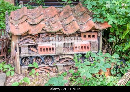 A bug hotel for insects made from old wooden pallets with a tiled roof at RSPB Titchwell Marsh in North Norfolk. Stock Photo