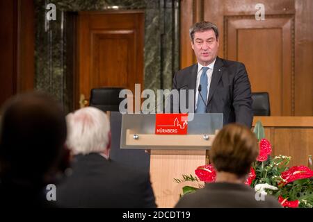 Nuremberg, Germany. 20th Nov, 2020. Markus Söder (CSU), Prime Minister of Bavaria, speaks at the ceremony marking the 75th anniversary of the start of the Nuremberg war crimes trials in Room 600 of the Nuremberg Palace of Justice. Credit: Daniel Karmann/dpa-Pool/dpa/Alamy Live News Stock Photo