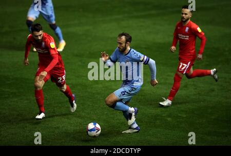 Coventry City's Liam Kelly battles for the ball with Birmingham City's Jon Toral (left) and Ivan Sanchez during the Sky Bet Championship match at St Andrew's Trillion Trophy Stadium, Birmingham. Stock Photo