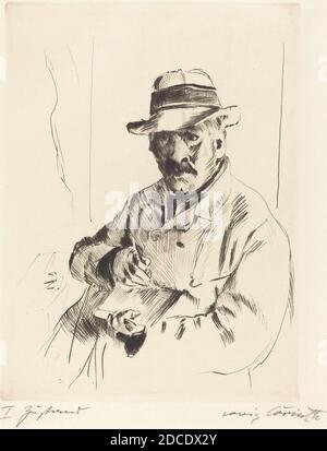 Lovis Corinth, (artist), German, 1858 - 1925, Selbstbildnis im Strohhut (Self-Portrait in a Straw Hat), 1913, drypoint in black, plate: 23.6 x 17.7 cm (9 5/16 x 6 15/16 in.), sheet: 29 x 21.9 cm (11 7/16 x 8 5/8 in Stock Photo