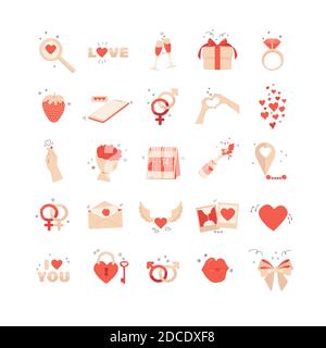 Set of vector hand drawn isolated icons for valentine's day. Love and relationship concept, 14th of February. Gift, heart, calendar, hands, champagne, Stock Vector