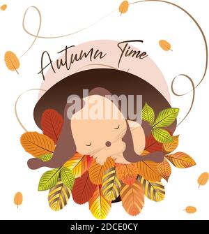 Sleeping bunny on dry leaves Stock Vector