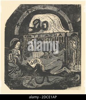 Paul Gauguin, (artist), French, 1848 - 1903, Te Atua (The Gods) Small Plate, in or after 1895, woodcut in black on thin japan paper (Guerin 61) laid down on woodcut in black on wove paper (Guerin 60), image: 22.5 × 20.1 cm (8 7/8 × 7 15/16 in.), sheet: 50.5 × 37.5 cm (19 7/8 × 14 3/4 in Stock Photo