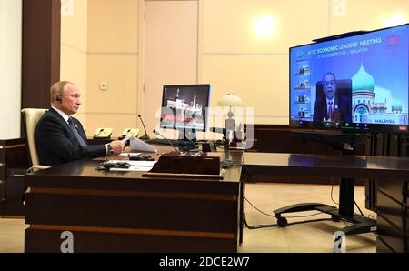 Moscow, Russia. 20th Nov, 2020. Russian President Vladimir Putin takes part in the Asia-Pacific Economic Cooperation Economic Leaders meeting by video conference from the official Novo-Ogaryovo state residence November 20, 2020 outside Moscow, Russia. Credit: Aleksey Nikolskyi/Kremlin Pool/Alamy Live News Stock Photo