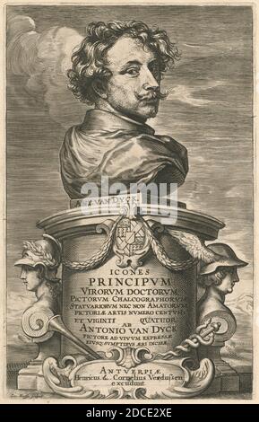 Sir Anthony van Dyck, (artist), Flemish, 1599 - 1641, Jacobus Neeffs, (artist), Flemish, 1610 - 1660 or after, Self-Portrait, Iconography: Frontispiece, (series), probably 1626/1641, etching and engraving (etching of head by van Dyck and finished in engraving by J. Neeffs) on laid paper, plate: 24.5 x 15.7 cm (9 5/8 x 6 3/16 in.), page size: 37.4 x 24.5 cm (14 3/4 x 9 5/8 in Stock Photo