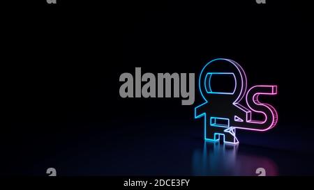 3d render techno neon purple blue glowing outline wireframe symbol of astronaut tiny person in spacesuit isolated on black background with glossy refl Stock Photo