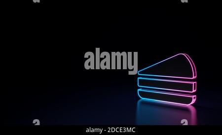 3d render techno neon purple blue glowing outline wireframe symbol of sweet cake isolated on black background with glossy reflection on floor Stock Photo