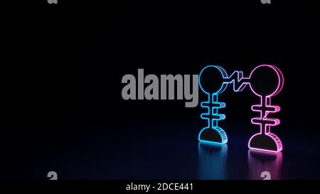 3d render techno neon purple blue glowing outline wireframe symbol of experiment with electricity isolated on black background with glossy reflection Stock Photo