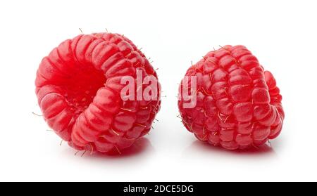 two fresh red raspberries macro isolated on white background Stock Photo