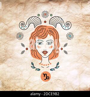 Illustration of zodiac signs constellations Capricorn, logo, tattoo. Girl or woman with horns and a fish tail, fantasy ornament on old paper backgroun Stock Photo