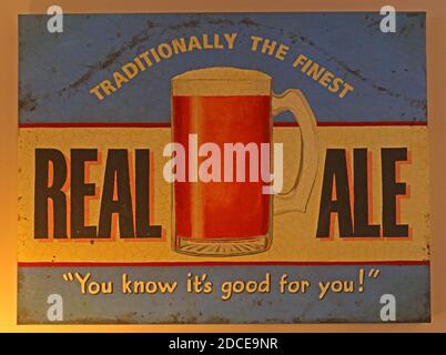 Traditionally the Finest,Real Ale,You Know its good for you,sign,Vintage Real Ale pub poster illustrating PM Andy Burnham’s 20% business-rates cut Stock Photo