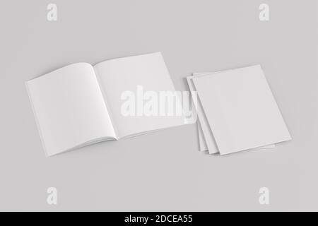 Stack of closed and open vertical magazine or brochure  mockup on white background Stock Photo