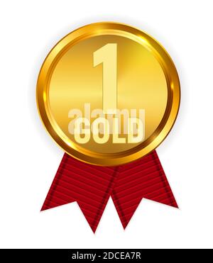 Champion Gold Medal with Red Ribbon. Icon Sign of First Place Isolated on White Background. Illustration Stock Photo