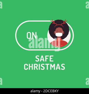 Safe Christmas concept. Face mask safe mode switch toggle. xmas Flat vector illustration with character person avatar on face mask on green button. Stock Vector