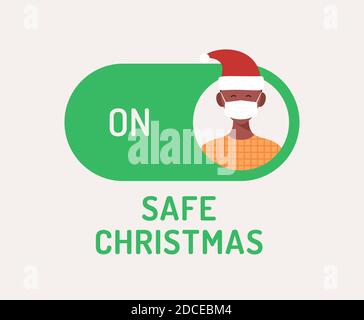 Safe Christmas concept. Face mask safe mode switch toggle. xmas Flat vector illustration with character person avatar on face mask on green button. Stock Vector