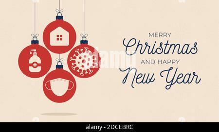 Set Christmas Coronavirus balls card. Xmas banner Coronavirus Cell Icon, 2019-nCoV in tree bauble. Warning symbol of COVID-19, MERS-Cov, Novel coronav Stock Vector
