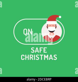 Safe Christmas concept. Face mask safe mode switch toggle. xmas Flat vector illustration with character person avatar on face mask on green button. Stock Vector