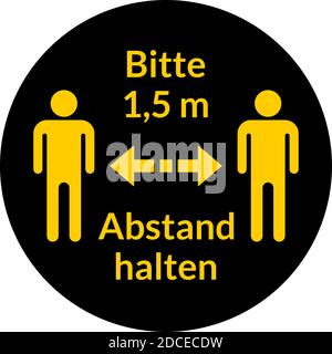 Bitte 1,5 m Abstand halten ('Please Keep a Distance of 1,5 Meters' in German) Round Social Distancing Instruction Sticker Icon. Vector Image. Stock Vector