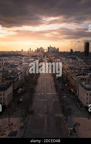 Champs-Elysees, main avenue at Paris, France seen from the top roof view of the Arc de Triomphe (Triumphal Arch).