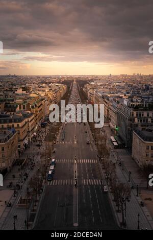 Champs-Elysees, main avenue at Paris, France seen from the top roof view of the Arc de Triomphe (Triumphal Arch).