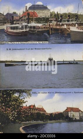 Kiel, Schleswig-Holstein - Seegartenbrücken mit Schloss; S. M. Unterseeboot 5; Am kleinen Kiel mit Oberlandesgericht und Sparkasse Stock Photo