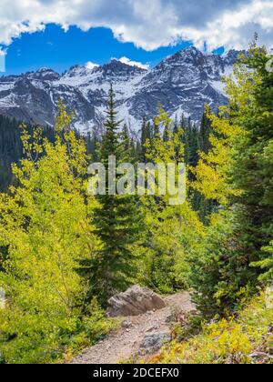 Fall color and the peaks in the Sneffels Range from the Blue Lakes Trail, Uncompahgre National Forest, Ridgway, Colorado. Stock Photo