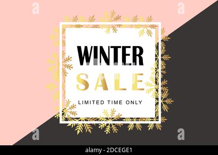 Winter banner with golden snowflakes in a square frame with text Winter Sale Stock Vector