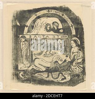 Paul Gauguin, (artist), French, 1848 - 1903, Te Atua (The Gods) Small Plate, in or after 1895, woodcut in black on very thin japan paper, mounted face down, image: 24.1 x 22.9 cm (9 1/2 x 9 in Stock Photo