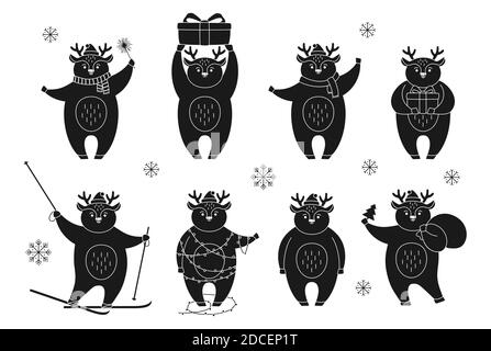 Christmas deer cartoon, different poses black glyph set. Wildlife New Year reindeer character silhouett collection. Deers red hat, with gift box, skis and santa bag or garland. Forest Christmas animal Stock Vector