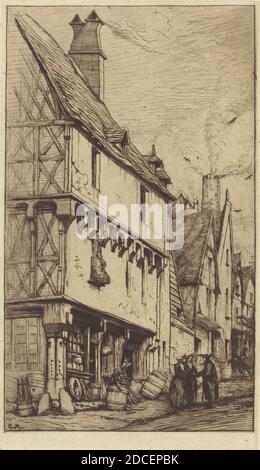 Charles Meryon, (artist), French, 1821 - 1868, Ancienne habitation à Bourges, dite 'La Maison du Musicien' (An Old House at Bourges, Sometimes Called the 'Musician's House'), 1860, etching with drypoint on green paper Stock Photo