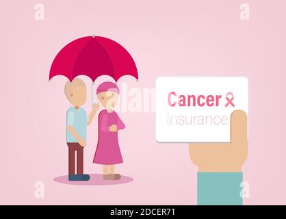 Cancer insurance concept with patients and hand hold card flat design vector illustration Stock Vector