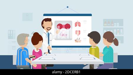Cancer awareness concept with doctor and patients flat design vector illustration Stock Vector