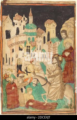 German 15th Century, (artist), Christ's Entry into Jerusalem, probably 1450, woodcut in light brown, hand-colored in red lake, green, black, tan, orange, and yellow Stock Photo