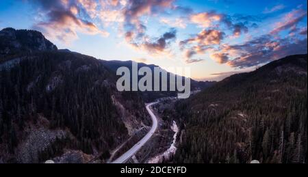 Aerial Panoramic View of the Famous Scenic Drive, Sea to Sky Highway Stock Photo