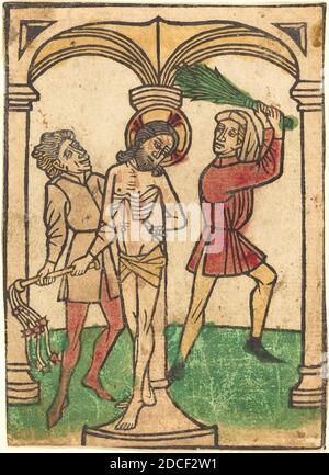 Ludwig of Ulm, (artist), German, active 1450/1470, The Flagellation, Passion of Christ, (series), hand-colored woodcut (blockbook page), overall: 11 x 7.9 cm (4 5/16 x 3 1/8 in Stock Photo