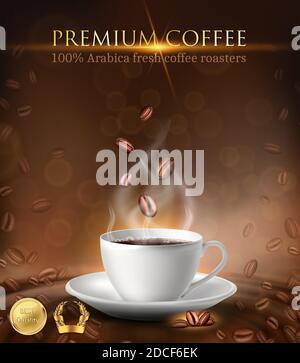 3d realistic vector advertisement banner of coffee cup with coffee beans and gold labels. Stock Vector
